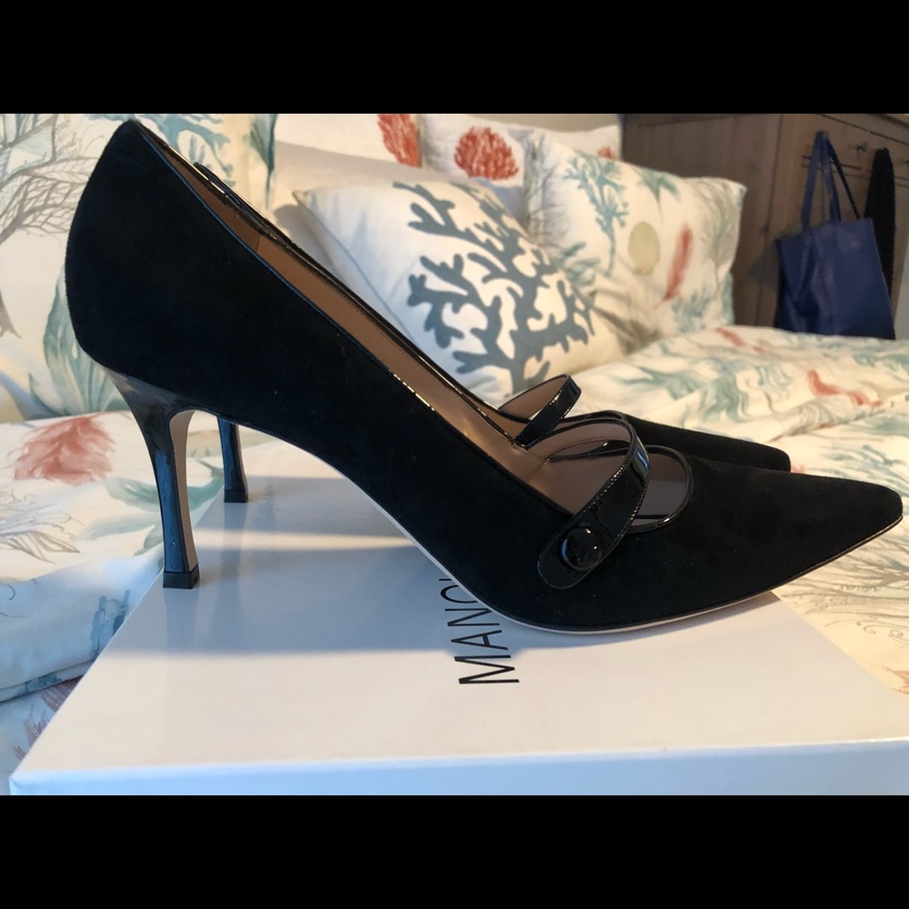 Manolo Blahnik Black Suede Mary Jane Heel